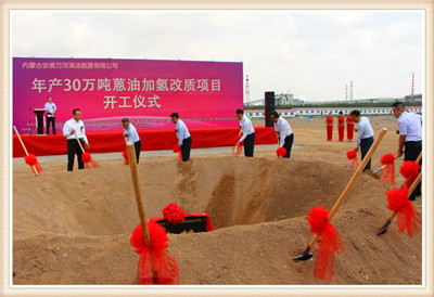 主席臺上的各位領導同擎金鍬,為安泰萬河項目培土奠基